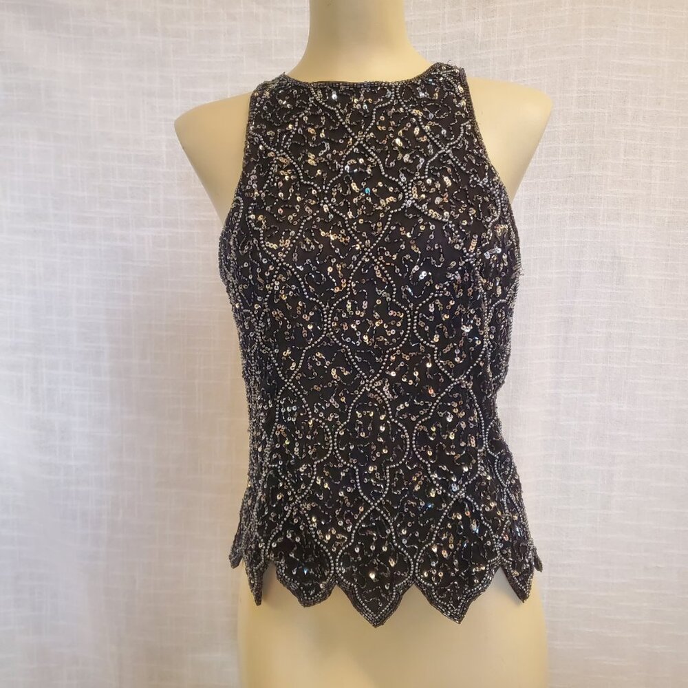 Papell Sleeveless Black Evening Top W/ Lots Of Beads & Sequins Sze M. A136